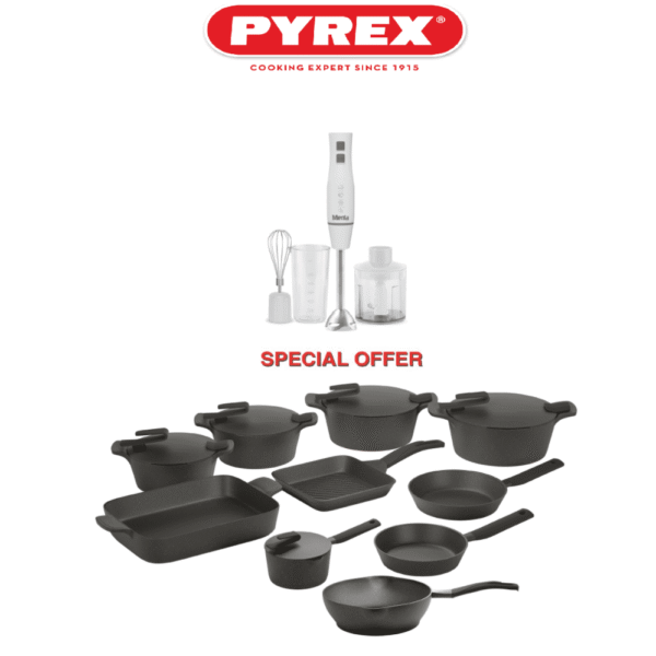 Artisan Granite 24 pieces – Grey & Free Hand Blender – Pyrex