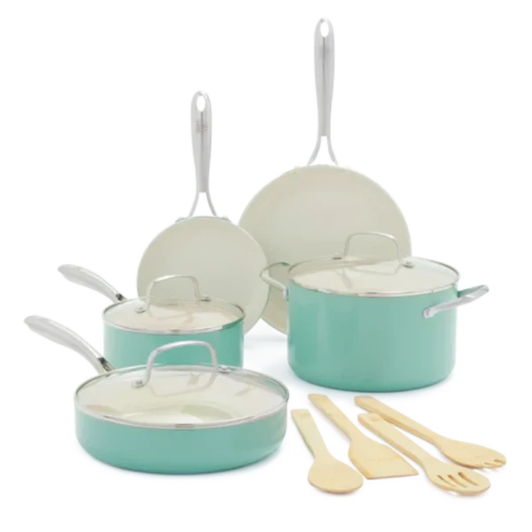 طقم اوانى طهى بلون الازرق-green pan