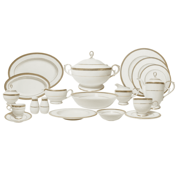 رويال ألفريدو طقم سفرة بورسلين 112 قطعة أوف وايت وذهبي – MO001