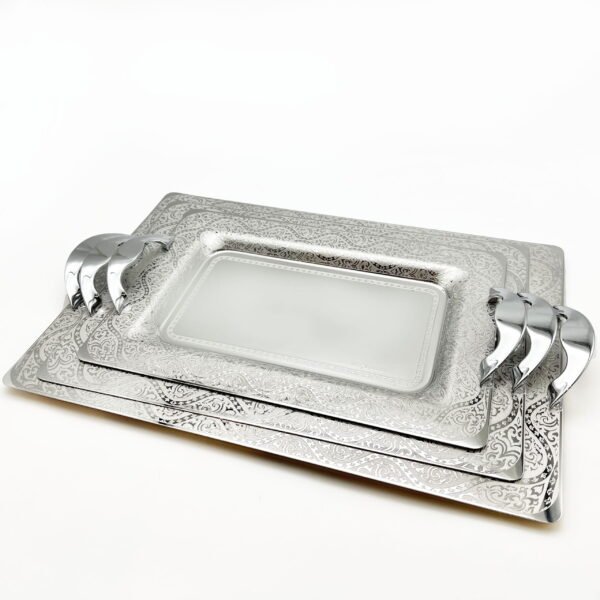 طقم صواني ايطالي 3 قطع مستطيل فضي  – Tressors
