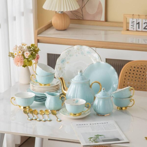طقم شاي 30 قطعه – FLOWRY Golden Handle – Baby Blue