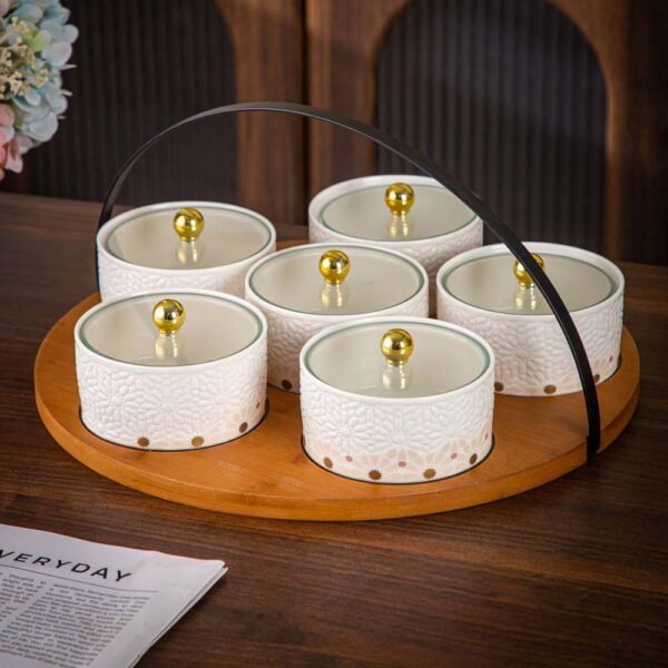 طقم تسالى 6 قطع بصينية بامبو – Andalous Design – White*Rose