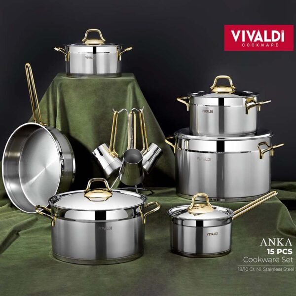 طقم حلل استانليس 15 قطعة انكا – يد ذهبي – Vivaldi